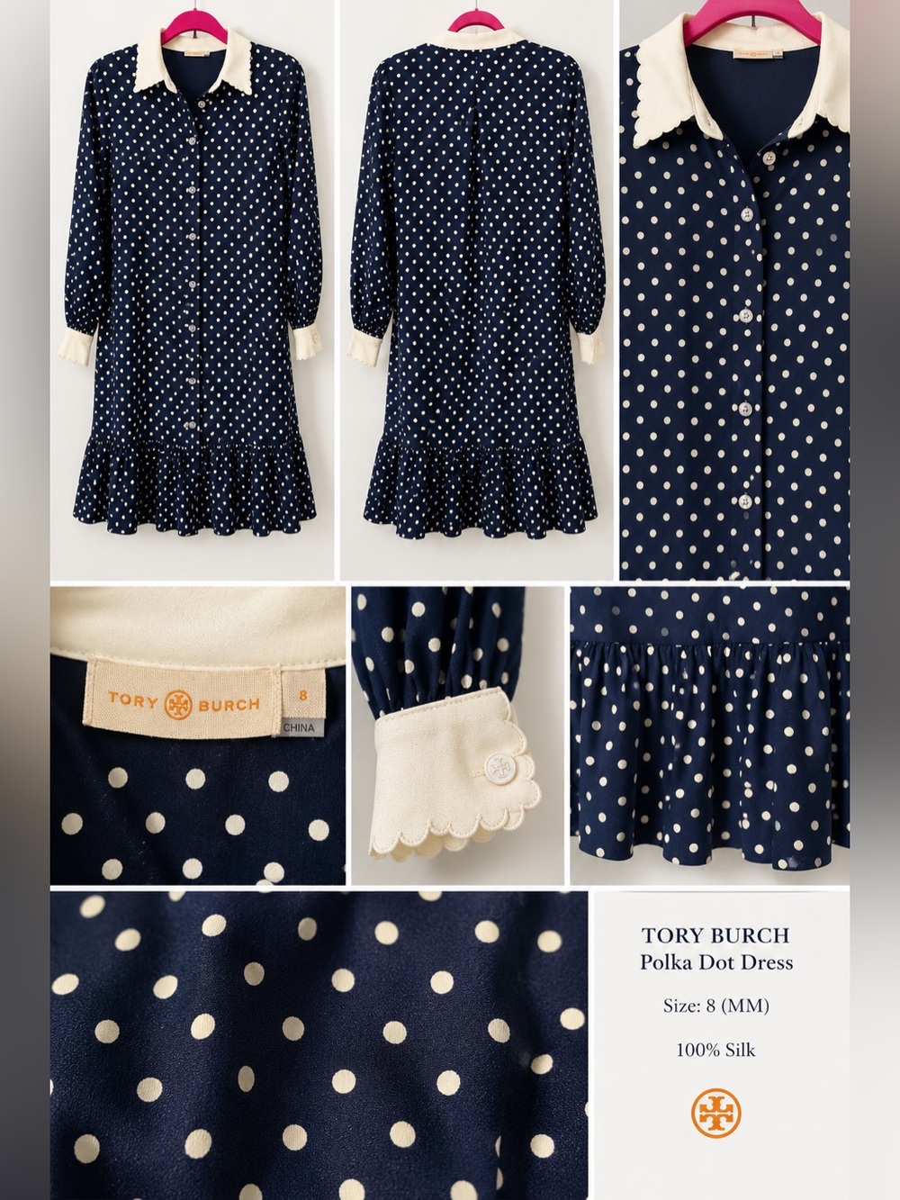 Tory Burch Navy and Cream Polka Dot Silk Shirt Dress